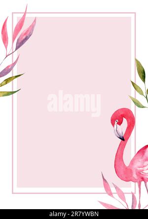 Tropische Sommerpalmenblätter mit exotischen Flamingo- und Hibiskusblüten. Aquarellvorlagen. Design-Element für Karten, Poster, Banner und andere Geldbeutel Stockfoto