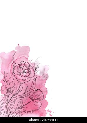 Abstrakter Hintergrund in Aquarellfarbe. Aquarell, rosa Flecken und Spritzer, lineart. Pfingstrosen und Mohn. Vorlage für Einladung, Postkarte. Merken Sie sich das Datum vor Stockfoto