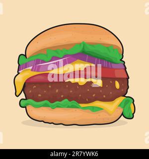 Farbbild eines Hamburgers mit leckeren Rinderpasteten, Käse, roten Zwiebeln, saftigen Tomaten und Salat Stock Vektor
