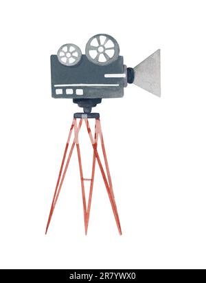 Klassischer Filmprojektor auf einem Stativ. Aquarelle Abbildung für Banner, Flyer, Poster oder Tickets. Alte Filmkamera. Stockfoto