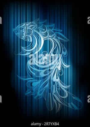 einfarbiger Fisch mit vektorkonzept auf dunkelblau gestreiftem Hintergrund Stock Vektor