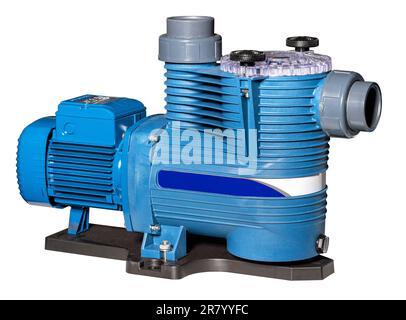 Selbstansaugende elektrische Zentrifugalpumpe mit Vorfilter für die Zirkulation und Filtration von Wasser in Schwimmbädern. Stockfoto