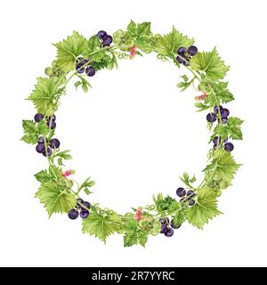 Runder Rahmen mit grünen und violetten Trauben und Blättern. Handgezeichnete Aquarelle sind perfekt für Karten, Einladungen und andere Designs Stockfoto