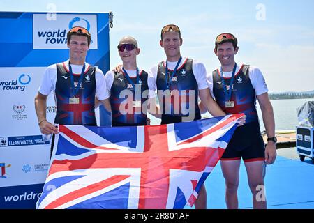 Varese, Italien. 18. Juni 2023. Varese, Varese, Italien, 18. Juni 2023, Finale der Quadruple Sculls für Herren A: Callum Dixon - George Bourne - Matthew Haywood - Thomas Barras (GBR) - 3 klassifiziert während des 2023 World Ruwing Cup II - Canoying Credit: Live Media Publishing Group/Alamy Live News Stockfoto