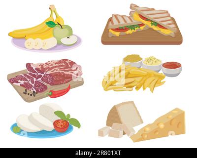 Set mit sechs Farbbildern von Fruchtgericht, Prosciutto, Sandwiches, pommes frites, Mozzarella, Und Käse Stock Vektor