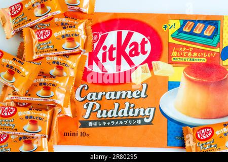 Schachtel mit 10 japanischen Kochkaramellpudding Mini-Kätzchen mit zwei Fingerrippenpäckchen nebenan. Die Box enthält Anweisungen zum Kochen. Stockfoto