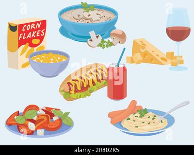 Set mit sechs Farbbildern von Cornflakes, Pilzsuppe, Hot-Dog und Getränk, Scheese und Wein, Salat und Kartoffelpüree mit Würstchen Stock Vektor