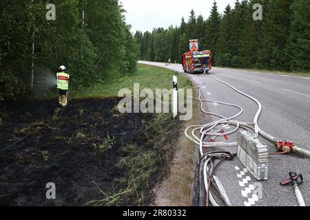 In der Sommertrockenheit während der Hitzewelle sind vier Brände von jeweils ca. 50 Quadratmetern am Straßenrand 211 auf der Höhe von Borensberg, Schweden, ausgebrochen. Rettungspersonal von drei verschiedenen Stationen war vor Ort. Es ist unklar, wie die Brände ausbrachen. Stockfoto