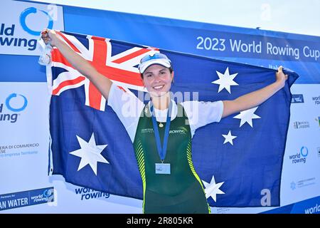 Varese, Italien. 18. Juni 2023. Varese, Varese, Italien, 18. Juni 2023, Women's Single Sculls Finale: Tara Rigney (AUS) - 2 Uhr klassifiziert während des 2023 World Ruwing Cup II - Canoying Credit: Live Media Publishing Group/Alamy Live News Stockfoto