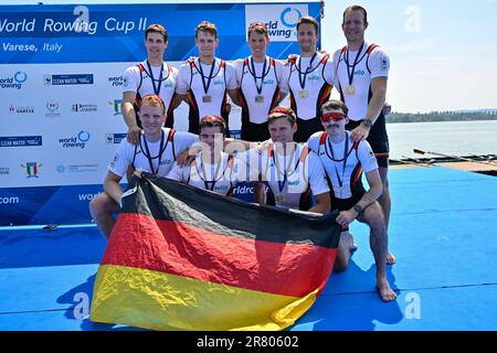 Varese, Italien. 18. Juni 2023. Varese, Varese, Italien, 18. Juni 2023, Men's Acht Final: Team (GER) - 3 beim World Ruwing Cup II 2023 klassifiziert - Kanoying Credit: Live Media Publishing Group/Alamy Live News Stockfoto