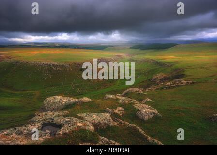 Landschaft mit wunderschönem Nebeltal in georgien, kaukasus Stockfoto