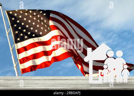 Familie in den Vereinigten Staaten, Papierfiguren Konzept. Personen- oder Familienpapierform mit Flagge der Vereinigten Staaten von Amerika. USA Urlaub der Veteranen, M Stockfoto