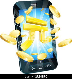 Yuan Geld Telefon Concept Illustration des Handy mit Münzen und gold Yuan Zeichen Stock Vektor