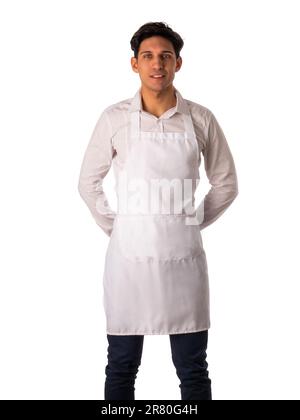 Junger Koch oder Kellner mit weißer Schürze isoliert Stockfoto