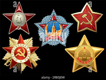 Preise der Helden, die im Großen Patriotischen Krieg auf schwarzem Hintergrund gewonnen haben. Stock Vektor