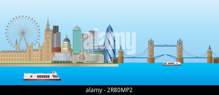 London England Skyline Panorama mit Tower Bridge und Westminster Palace Illustration Stock Vektor