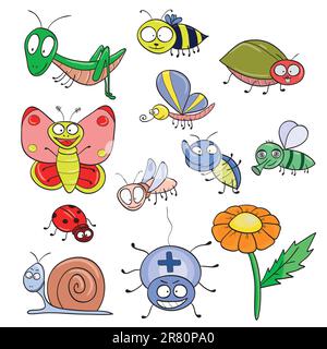 Handgezogenes Cartoon-Set mit süßen Insekten. Vektordarstellung. Stock Vektor