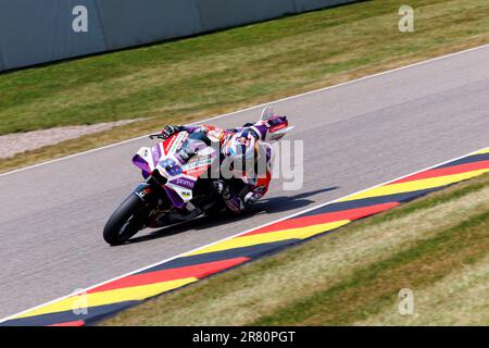 Sachsenring, Hohenstein-Ernstthal, Sachsen, Deutschland. 18. Juni 2023. 2023 Deutsche MotoGP, Renntag; Nummer 89 Prima Pramac Rennfahrer Jorge Martin während des Rennens Credit: Action Plus Sports/Alamy Live News Stockfoto