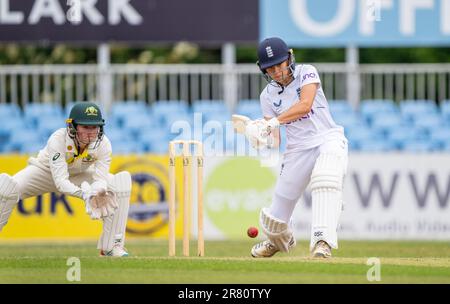 Issy Wong schlägt für England gegen Australien A in einem 3-tägigen Aufwärmspiel vor dem Ashes-Test. Stockfoto