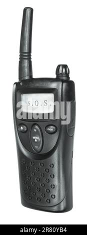 Professionelles Walkie-Talkie mit einer kurzen Antenne und SOS auf dem Bildschirm Stockfoto