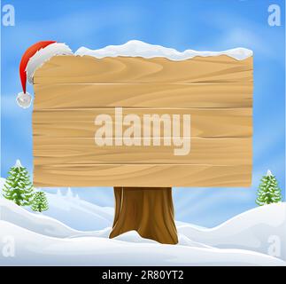 Illustration von Weihnachten Holzschild mit Schnee und Weihnachtsmütze von ihm gegen eine Winterlandschaft zu hängen. Stock Vektor
