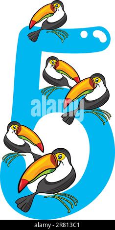 Cartoon-Illustration mit Nummer fünf und Tukane Stock Vektor