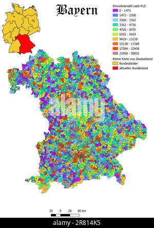 Bundesland Bayern-Bevölkerung nach Postleitzahlenkarte mit Deutschland-Karte Stockfoto