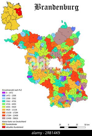 Bundesland Brandenburg-Bevölkerung nach Postleitzahlenkarte mit Deutschland-Karte Stockfoto
