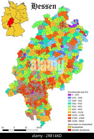 Bundesland Hessische Bevölkerung nach Postleitzahlenkarte mit deutscher Karte Stockfoto