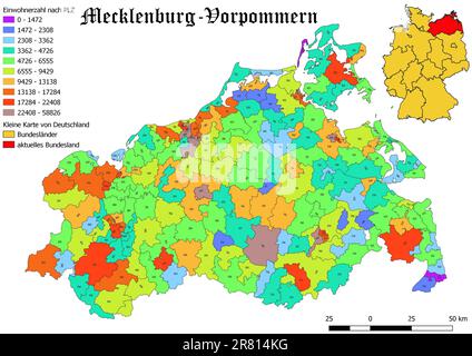 Bundesland Mecklenburg - Vorpommerner Bevölkerung nach Postleitzahlenkarte mit deutscher Karte Stockfoto