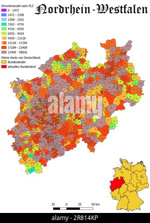 Bundesland Nordrhein - Westfalen-Bevölkerung nach Postleitzahlenkarte mit Deutschland-Karte Stockfoto