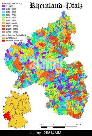 Bundesland Rheinland - Pfalz-Bevölkerung nach Postleitzahlenkarte mit Deutschland-Karte Stockfoto