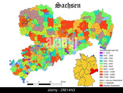 Bundesland Sachsen-Bevölkerung nach Postleitzahlenkarte mit deutscher Karte Stockfoto