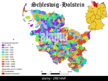 Bundesland Schleswig - Holsteinische Bevölkerung nach Postleitzahlenkarte mit deutscher Karte Stockfoto