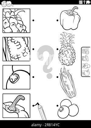 Schwarz-weißer Cartoon Darstellung der pädagogischen Aktivität, die mit Obst und Gemüse und Bildern zusammenpasst Malseite für Ausschnitte Stock Vektor