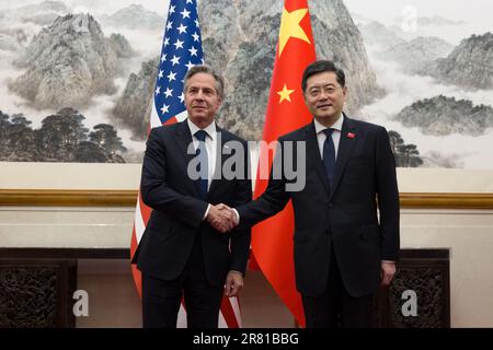 USA Außenminister Blinken trifft sich am Sonntag, den 18. Juni 2023, in Peking mit dem chinesischen Außenminister Qin Gang. Blinken, dessen Reise im Februar 2023 nach der Enthüllung eines angeblichen chinesischen Spionageballons, der über den US-Luftraum fliegt, verschoben wurde, ist der erste US-Außenminister, der China seit fünf Jahren besucht hat. Foto über die USA Außenministerium/UPI Kredit: UPI/Alamy Live News Stockfoto