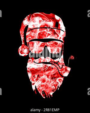 Silhouette eines Mannes mit Bart, Weihnachtsmann-Hut mit Pelz, Brille und Raucherpfeife auf schwarzem Hintergrund. Rote und weiße Streifen o Stockfoto