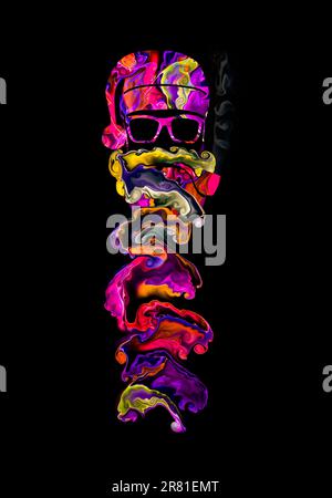 Silhouette eines Mannes in einem Weihnachtsmann Hut mit Pelz, Brille, mit einer Raucherpfeife auf schwarzem Hintergrund. Die fließende Textur wie flüssige Farbe im Stockfoto
