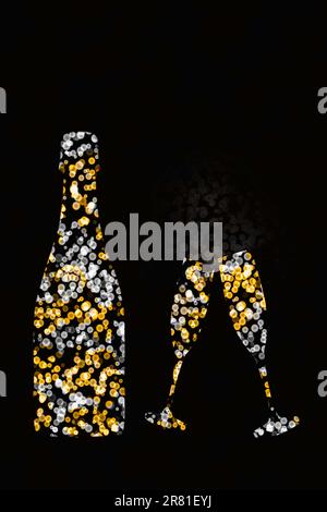 Silhouette aus einer Flasche Champagner und zwei Gläsern auf schwarzem Hintergrund aus Gold- und Silberblasen, isoliert, Kopierraum. Die Form des Glases i Stockfoto