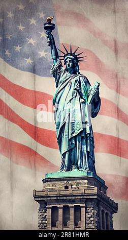 Ein eindrucksvolles Bild, das die Freiheitsstatue im Vordergrund zeigt, mit der amerikanischen Flagge im Hintergrund, die den Geist der Freiheit verkörpert Stockfoto