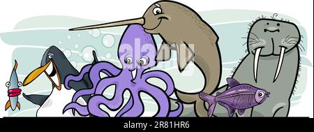 Cartoon-Illustration der Meerestiere Leben Header design Stock Vektor