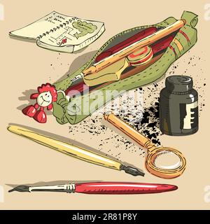 Federmäppchen mit Bleistiften und Radiergummi, indische Tinte, Stift, Lupe, Notizbuch und Pinsel. Alle Objekte sind separat gruppiert und auf verschiedenen... Stock Vektor