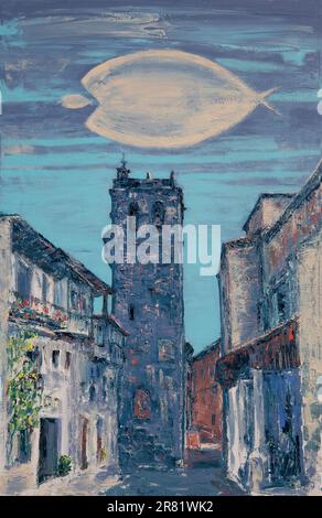 Kunstmalerei der Fische, die im Himmel schwimmen im Dorf Mogarraz, Spanien Stockfoto