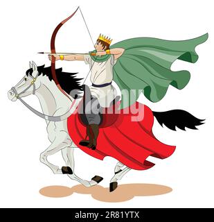 Der Mann mit dem Kranz auf dem Kopf geht auf ein Pferd und schießt aus einem Bogen Stock Vektor