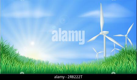 Illustration von Windkraftanlagen in grüner Landschaft für nachhaltige Stromerzeugung aus erneuerbaren Energieträgern Strom Stock Vektor