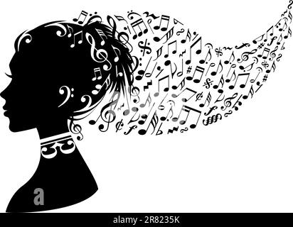 Kopf der Frau mit Noten in ihrem Haar, Vektor-Hintergrund Stock Vektor