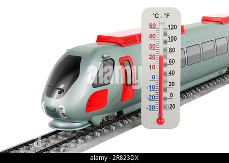 Hochgeschwindigkeitszug mit Thermometer, 3D-Rendering auf weißem Hintergrund isoliert Stockfoto