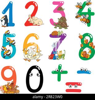 Cartoon-Illustration der Zahlen von Null bis neun mit Tieren Stock Vektor