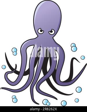 Ein wütender Oktopus, der mit Blasen im Cartoon-Stil schwimmt. Stock Vektor