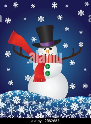 Weihnachten-Schneemann mit Hut und Schal auf blauem Hintergrund Illustration Schneeflocken Stock Vektor
